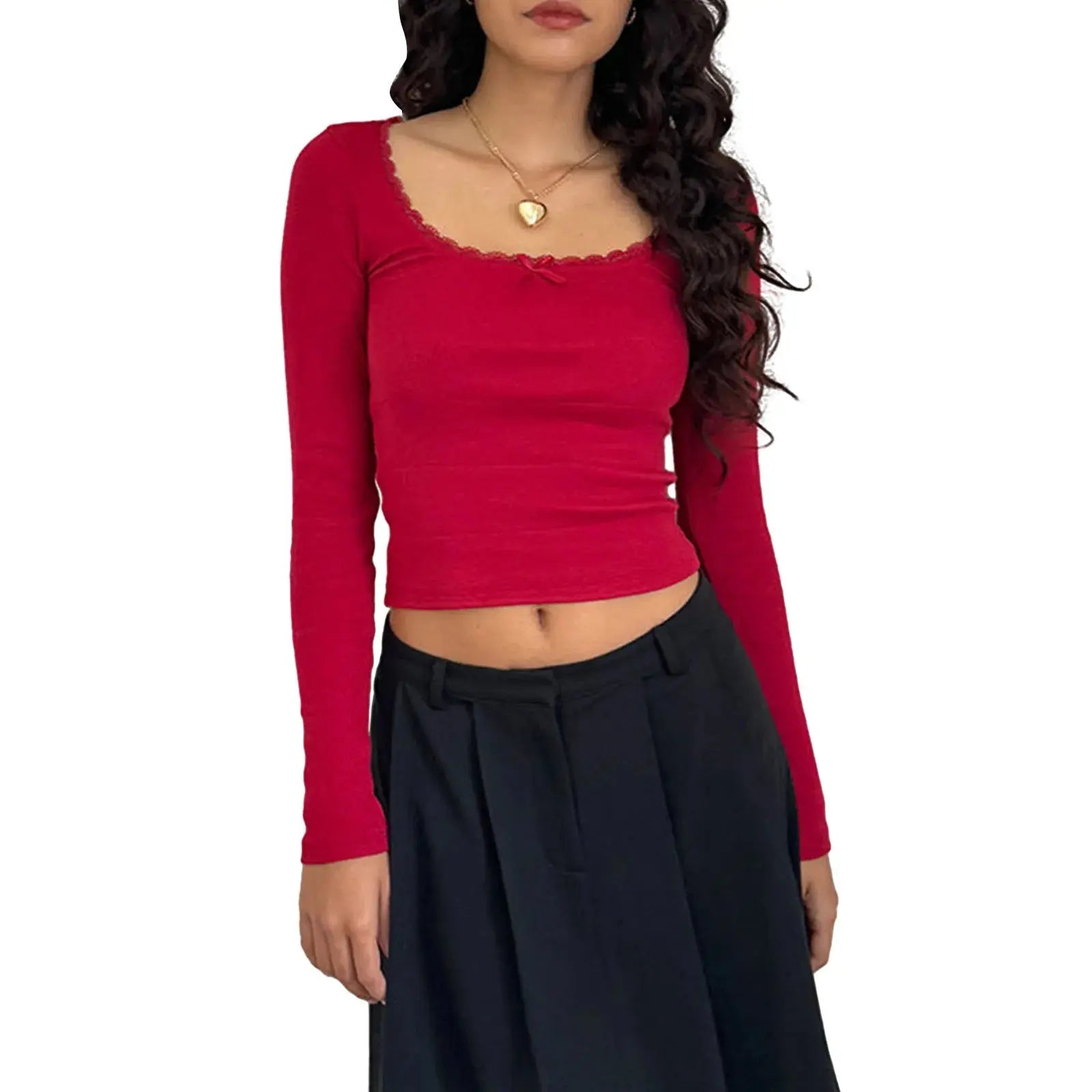 Women Lace Frill Crop Tops Long Sleeve - Browsglamour