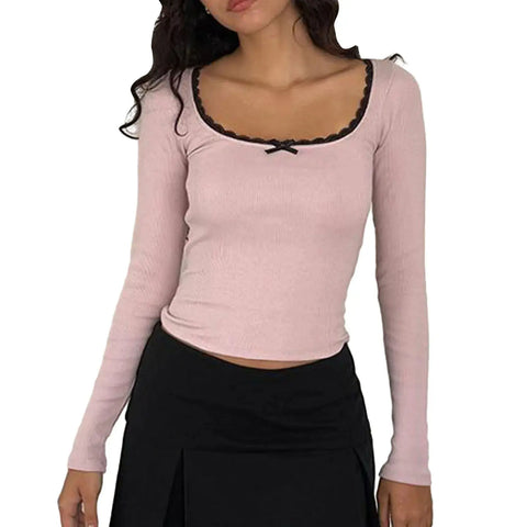 Women Lace Frill Crop Tops Long Sleeve - Browsglamour