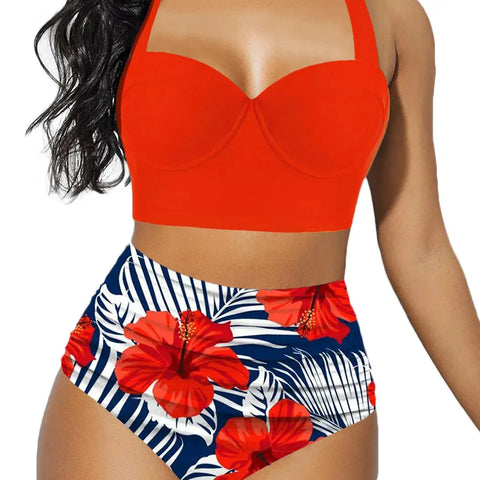 Women Push Up Bikini Set Summer Sexy Slim Flower Print Female High Waist Swimming Suits - Browsglamour