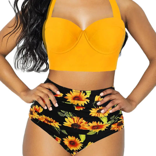 Women Push Up Bikini Set Summer Sexy Slim Flower Print Female High Waist Swimming Suits - Browsglamour