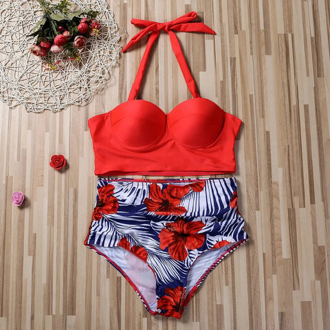 Women Push Up Bikini Set Summer Sexy Slim Flower Print Female High Waist Swimming Suits - Browsglamour