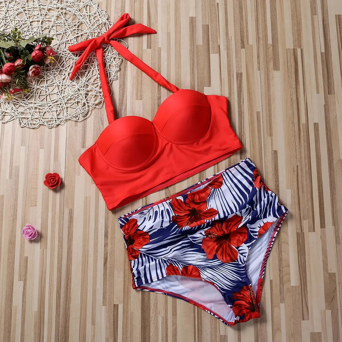 Women Push Up Bikini Set Summer Sexy Slim Flower Print Female High Waist Swimming Suits - Browsglamour