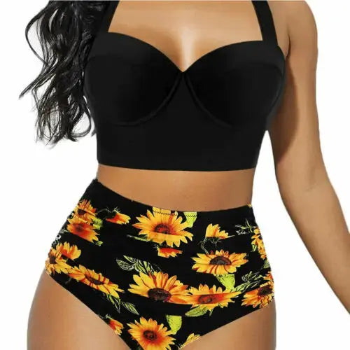 Women Push Up Bikini Set Summer Sexy Slim Flower Print Female High Waist Swimming Suits - Browsglamour