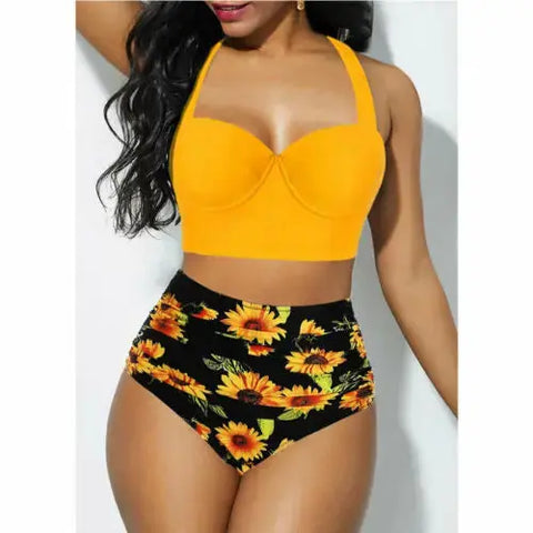 Women Push Up Bikini Set Summer Sexy Slim Flower Print Female High Waist Swimming Suits - Browsglamour