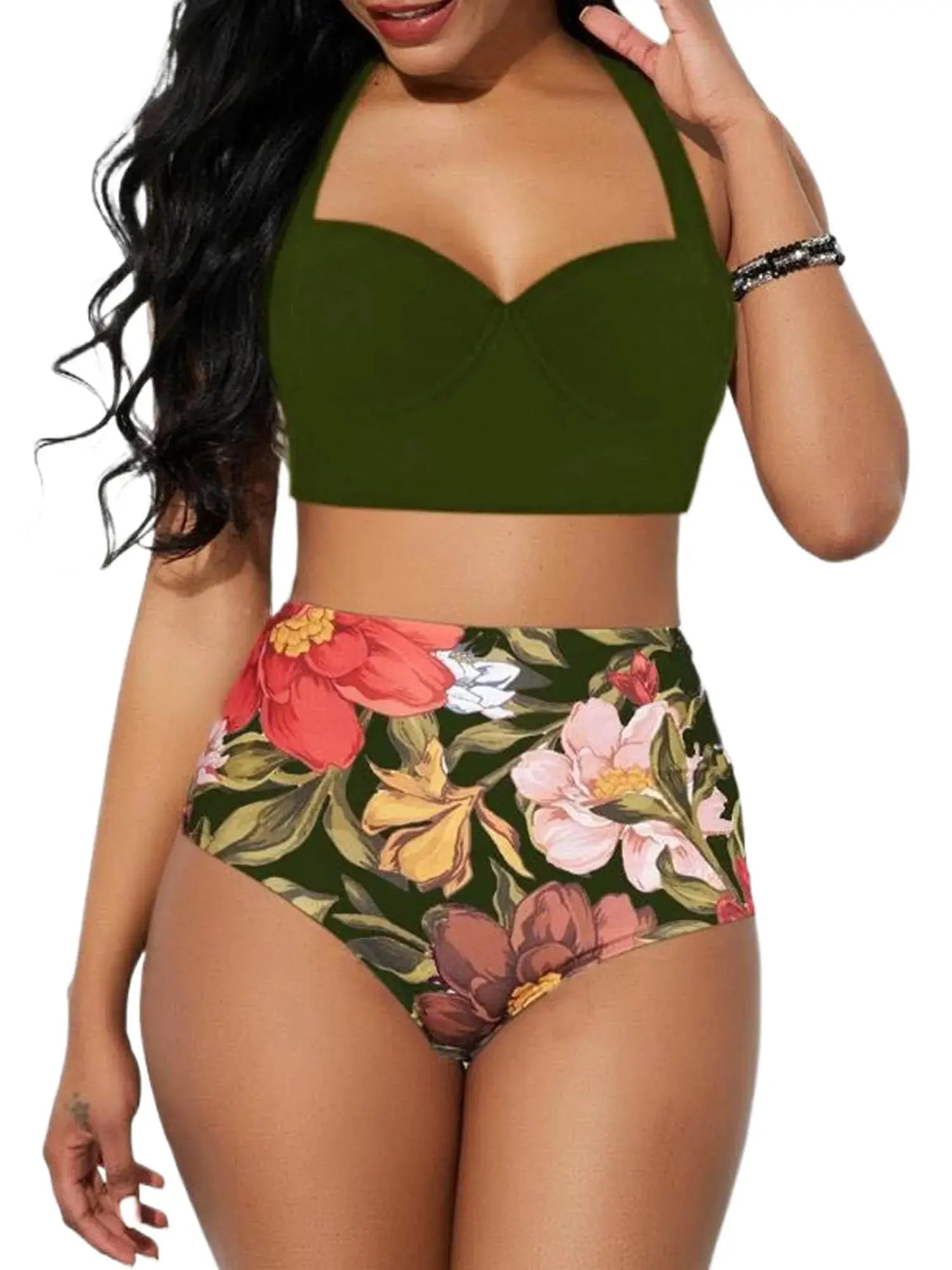 Women Push Up Bikini Set Summer Sexy Slim Flower Print Female High Waist Swimming Suits - Browsglamour