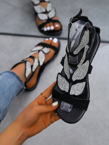 Women Rhinestone Butterfly Gladiator Sandals - Browsglamour