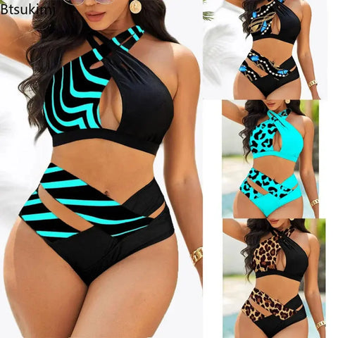 Women Sexy Stripe Swimsuit High Waist Leopard Print Bikini Set - Browsglamour