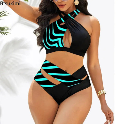 Women Sexy Stripe Swimsuit High Waist Leopard Print Bikini Set - Browsglamour