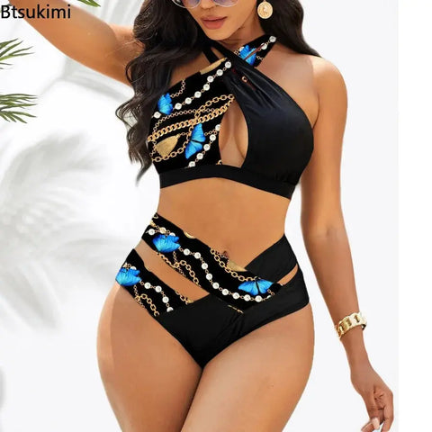 Women Sexy Stripe Swimsuit High Waist Leopard Print Bikini Set - Browsglamour