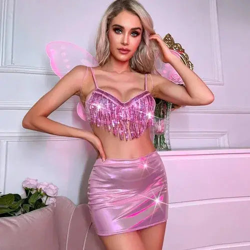 Women Shiny Deep V Neck Sequin Metallic Rave Outfit - Browsglamour