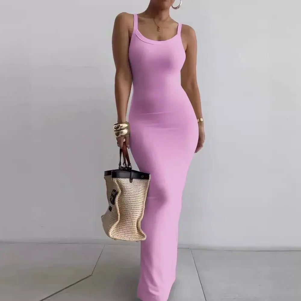 Women Streetwear Sleeveless Backless Solid Spaghetti Strap Bodycon Casual Clubwear Elegant Beach Party Dresses - Browsglamour