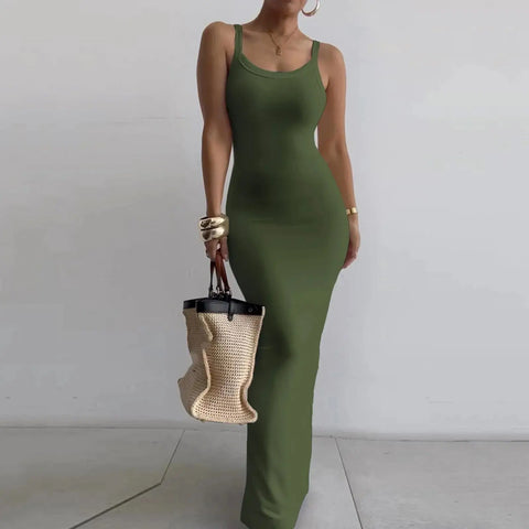 Women Streetwear Sleeveless Backless Solid Spaghetti Strap Bodycon Casual Clubwear Elegant Beach Party Dresses - Browsglamour