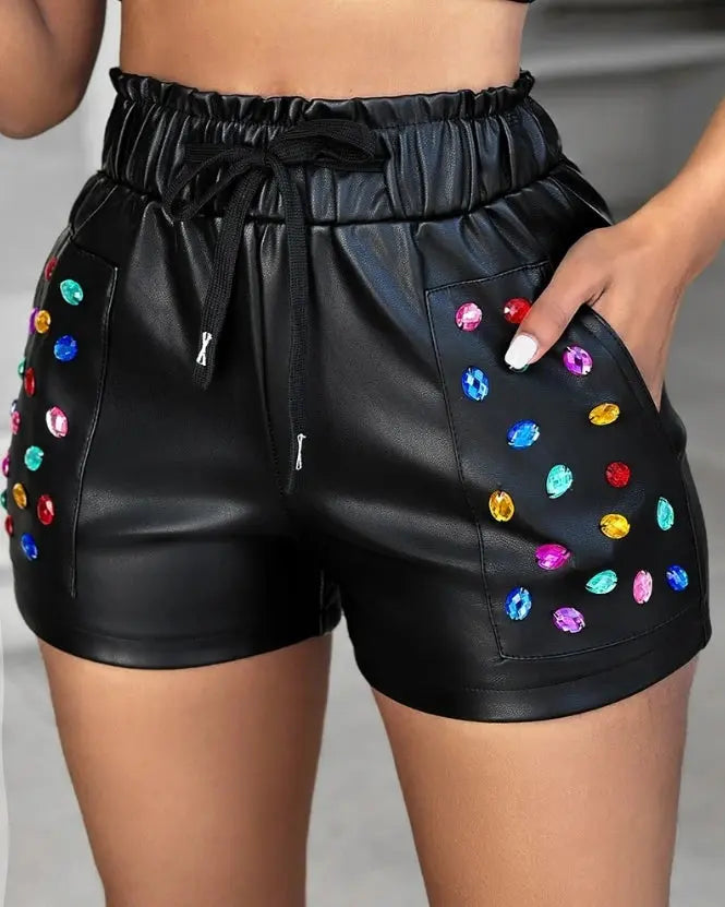 Women's Casual Colorful Rhinestone Pu Leather Versatile Drawstring Shorts - Browsglamour