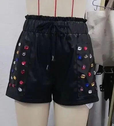 Women's Casual Colorful Rhinestone Pu Leather Versatile Drawstring Shorts - Browsglamour