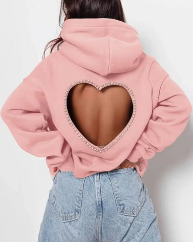 Women's Rhinestone Heart Shaped Backless Long Sleeve Casual Hoodie - Browsglamour