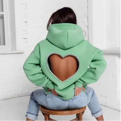 Women's Rhinestone Heart Shaped Backless Long Sleeve Casual Hoodie - Browsglamour