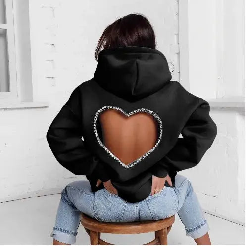 Women's Rhinestone Heart Shaped Backless Long Sleeve Casual Hoodie - Browsglamour