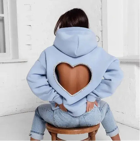 Women's Rhinestone Heart Shaped Backless Long Sleeve Casual Hoodie - Browsglamour