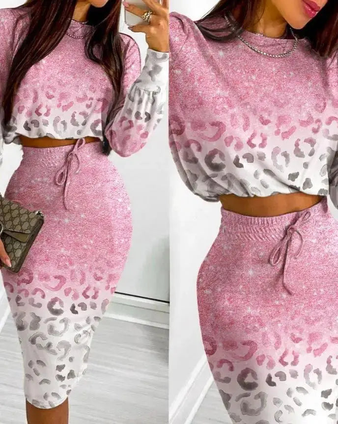 Women's printed skirt and long skirt set summer short skirt long sleeve women's top printed casual set sweet and elegant set - Browsglamour