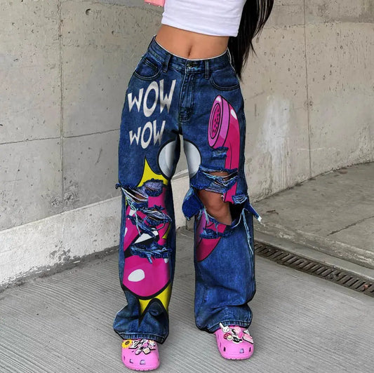 Women's wide-leg Graphic Jeans - Browsglamour