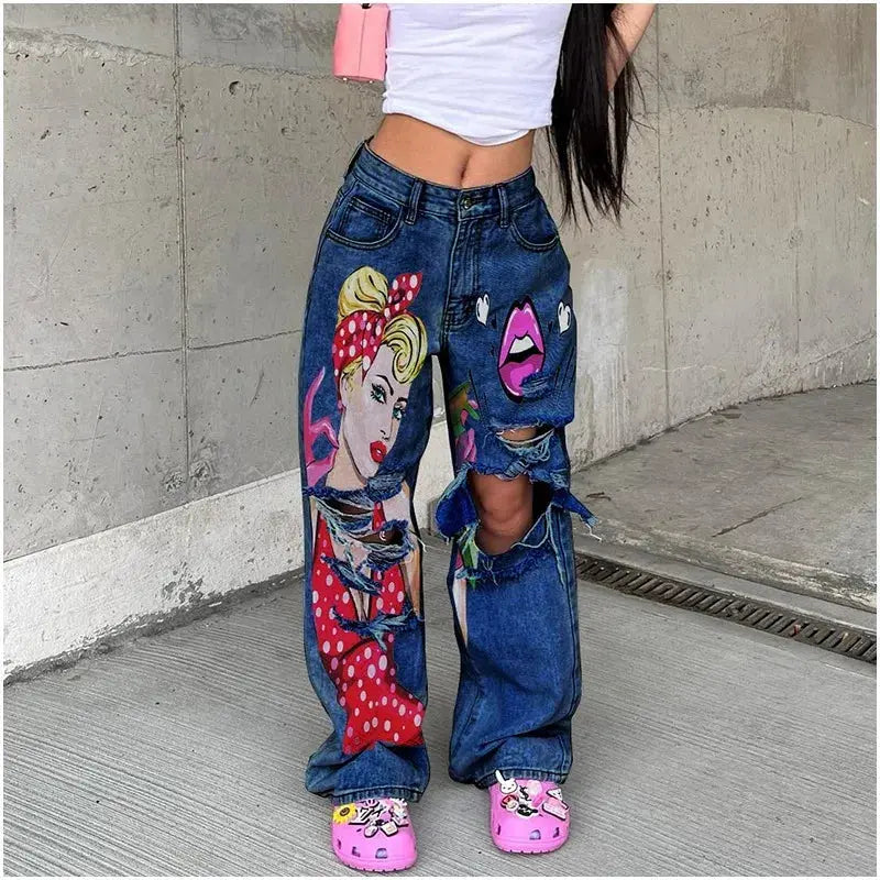 Women's wide-leg Graphic Jeans - Browsglamour