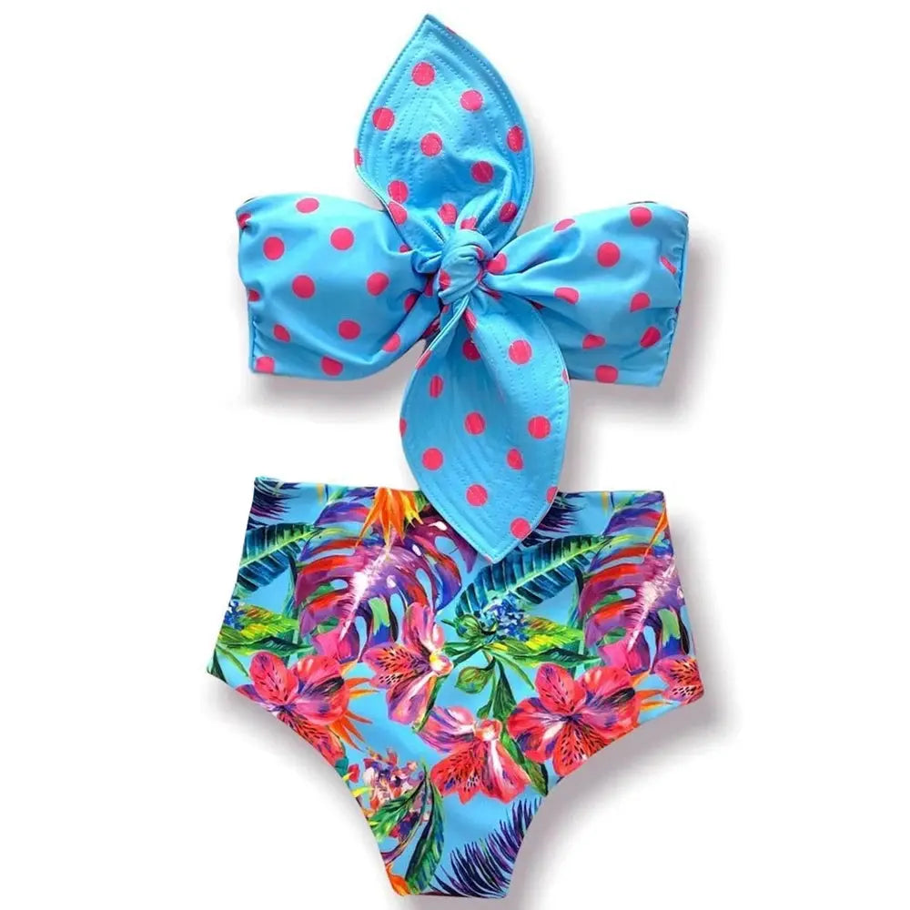 The Tropics Tropical Print Bikinis Womens' High Waist Bow Top Bathing Suit and/or Matching Skirt - Browsglamour