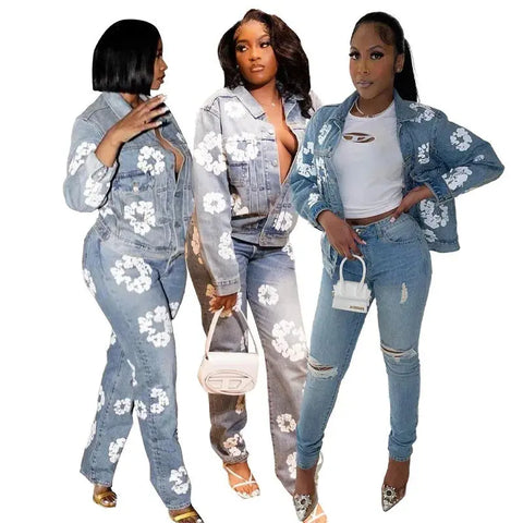 Floral Print Denim Jacket and/or Pants (Each Piece Sold Separately) - Browsglamour